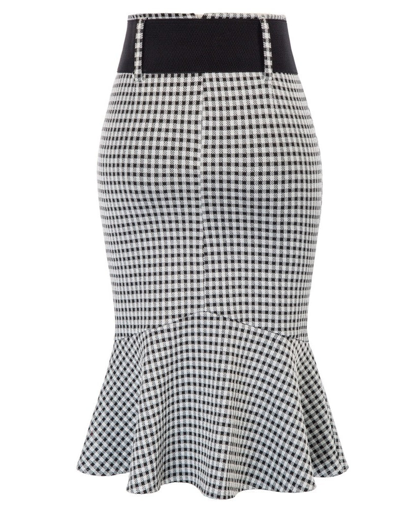 belle poque Houndstooth Mermaid Hem Shirred Detail Pencil Skirt with Belt