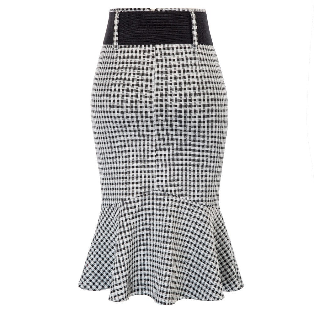belle poque Houndstooth Mermaid Hem Shirred Detail Pencil Skirt with Belt