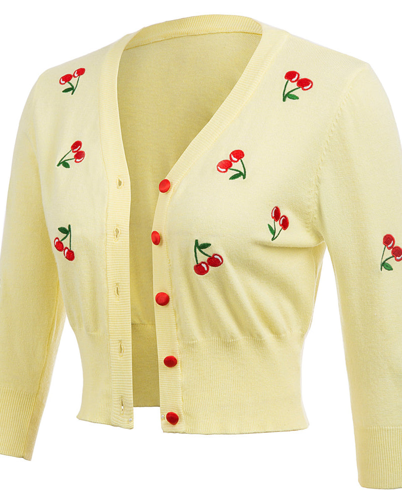 belle poque 3/4 Sleeve V-Neck Button Down Cherries Embroidery Cropped Cardigan Sweater Coat