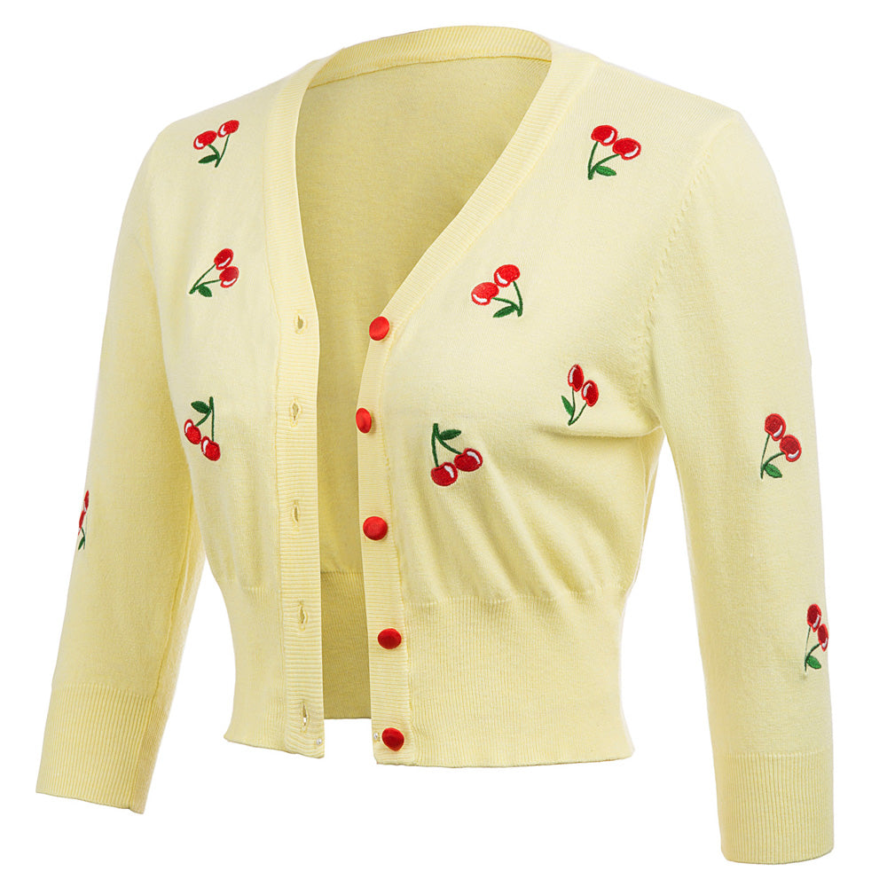 belle poque Women's 3/4 Sleeve Button Down Cherries Embroidery Cropped Cardigan Sweater Coat