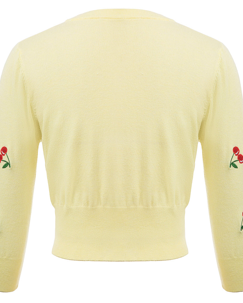 belle poque 3/4 Sleeve V-Neck Button Down Cherries Embroidery Cropped Cardigan Sweater Coat