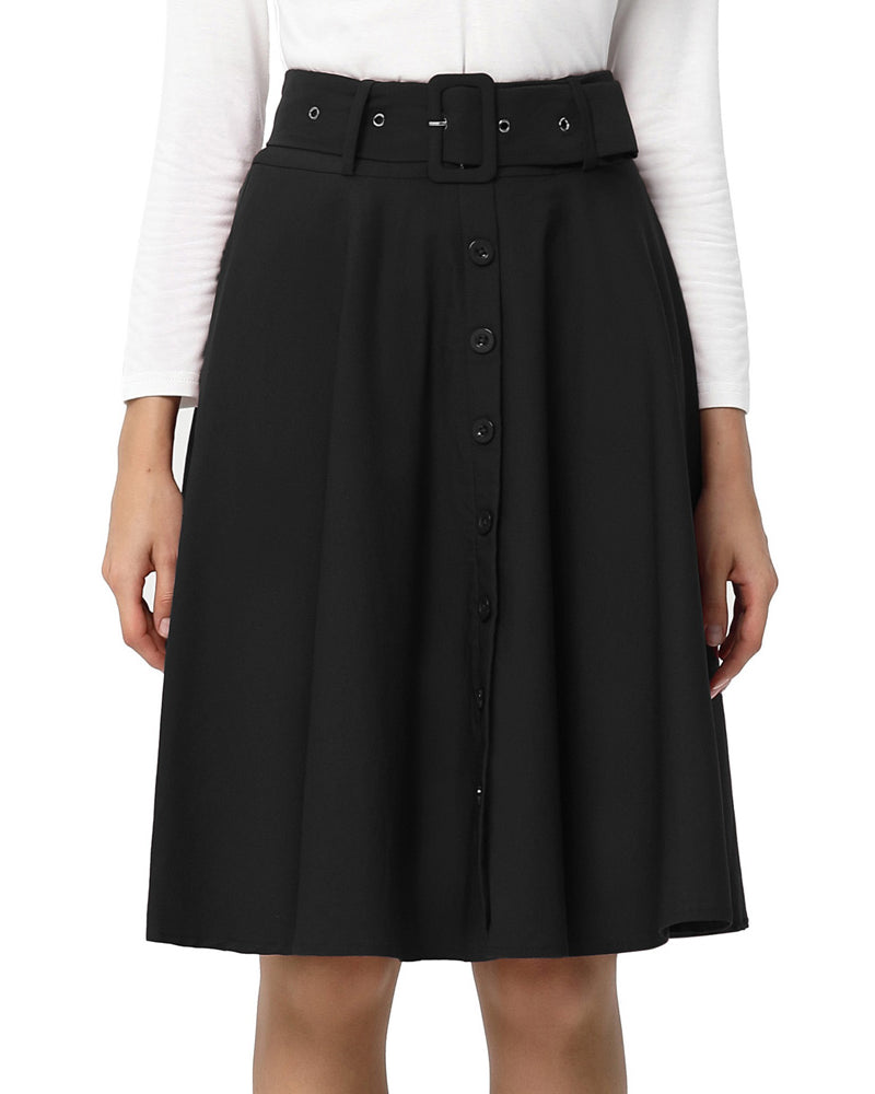 belle poque Vintage Stretch High Waist A-Line Flared Midi Skirts with Pockets & Belts