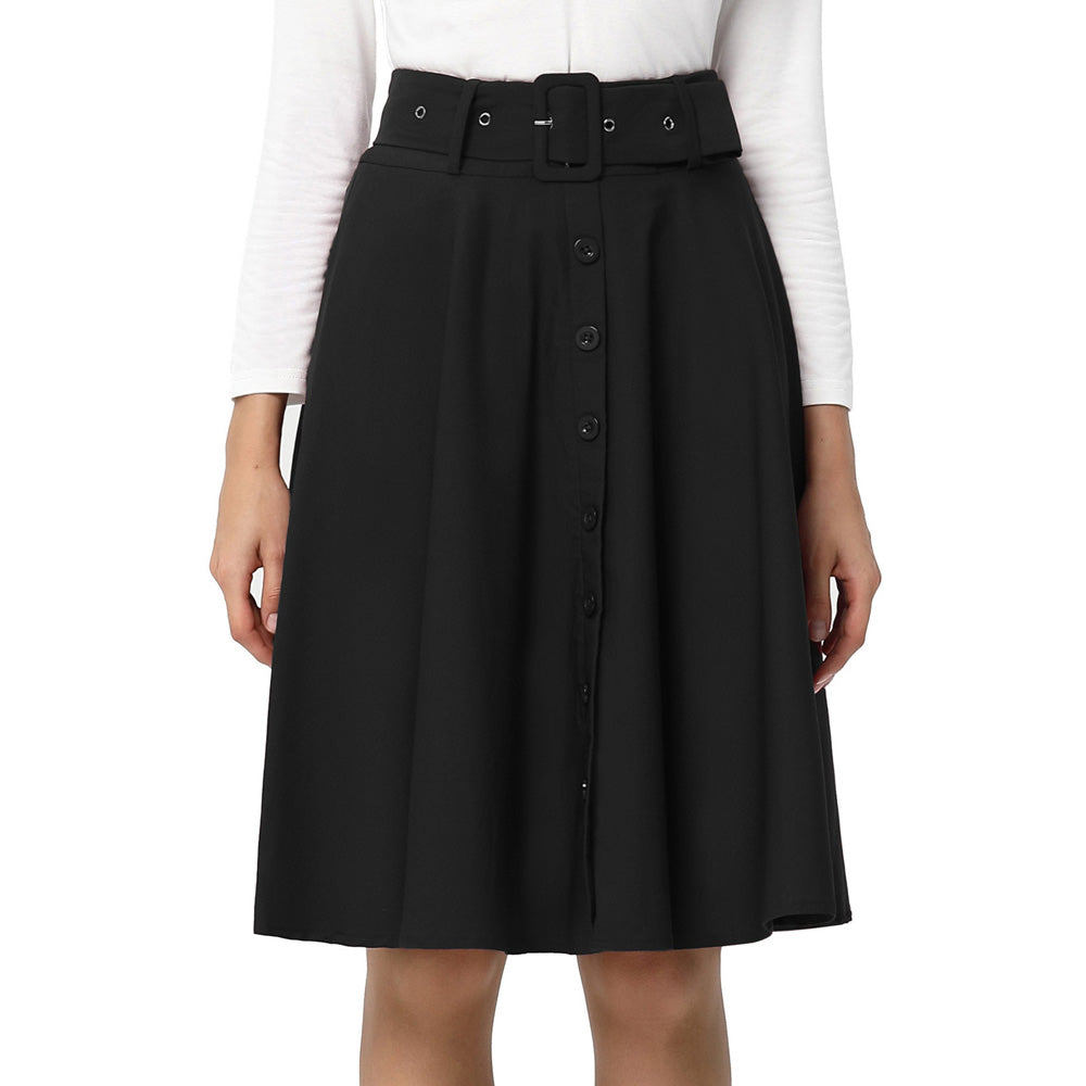 belle poque Vintage Stretch High Waist A-Line Flared Midi Skirts with Pockets & Belts