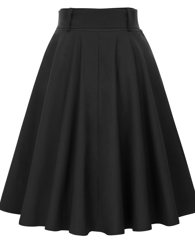 belle poque Vintage Stretch High Waist A-Line Flared Midi Skirts with Pockets & Belts