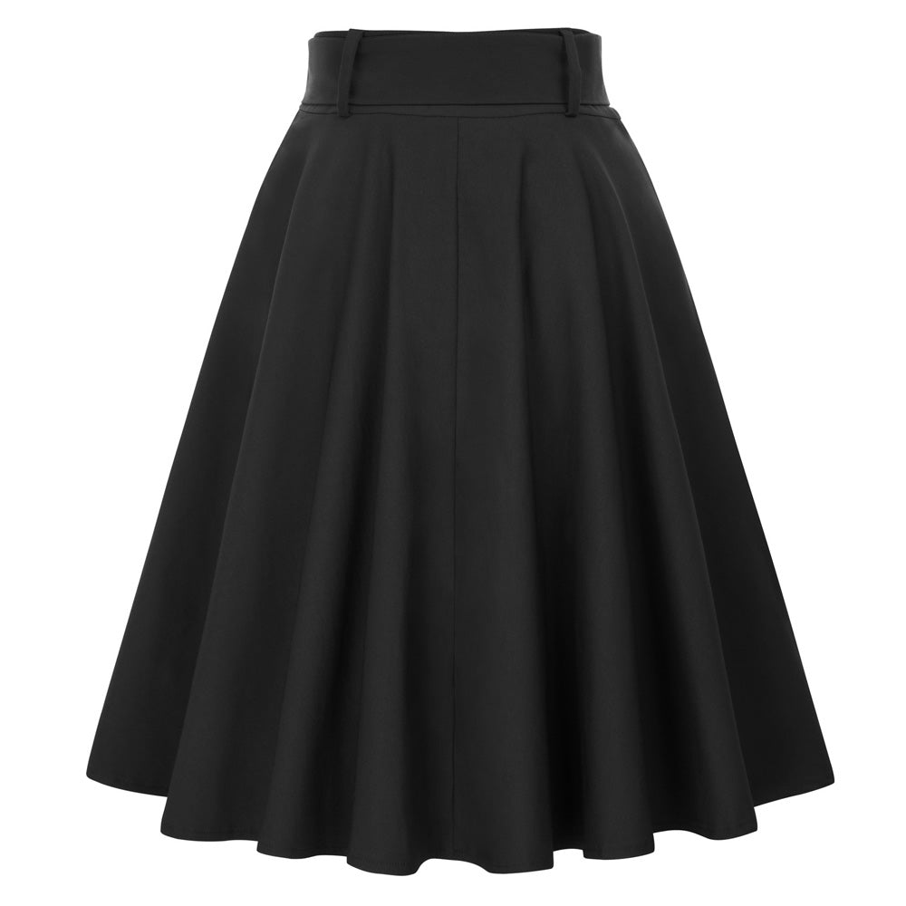 belle poque Vintage Stretch High Waist A-Line Flared Midi Skirts with Pockets & Belts