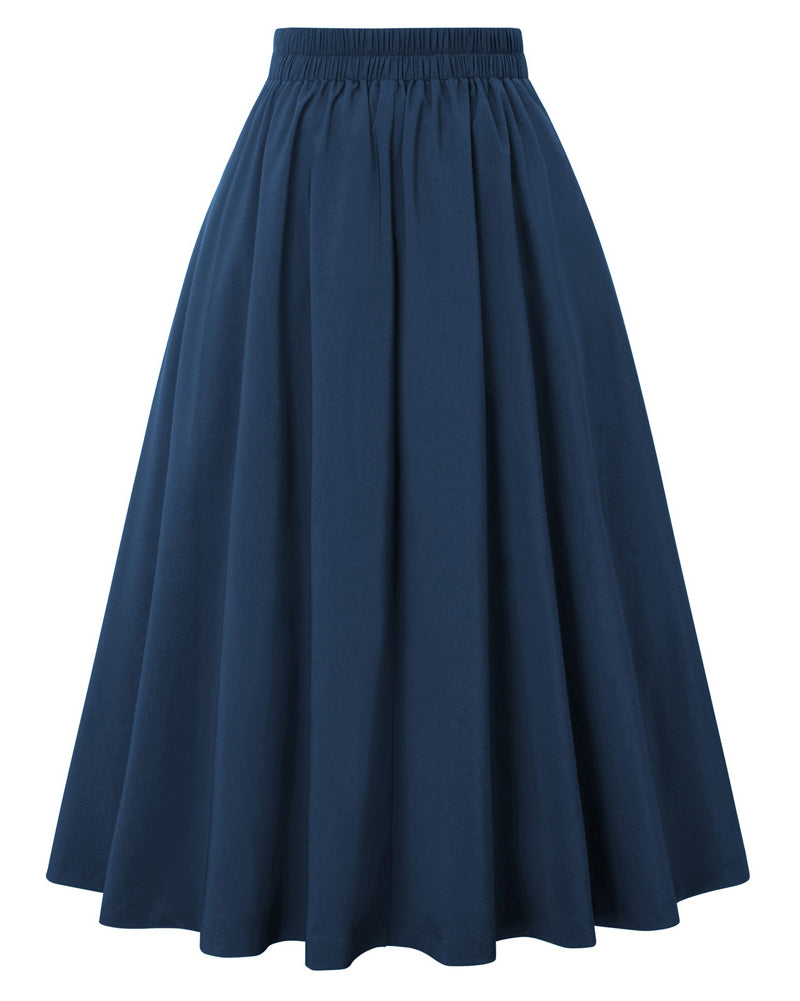 belle poque Women's Vintage Pleated Buttons Elastic Waist High A-Line Skirt