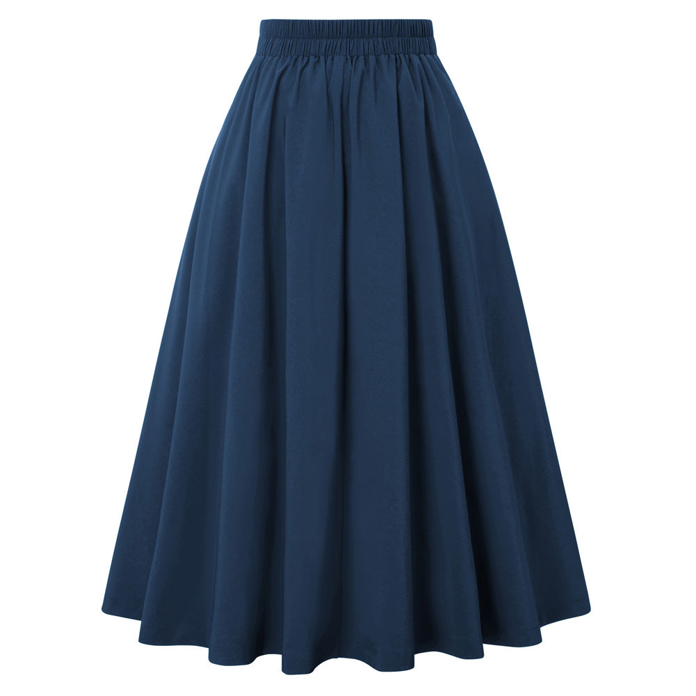 belle poque Women's Vintage Pleated Buttons Elastic Waist High A-Line Skirt
