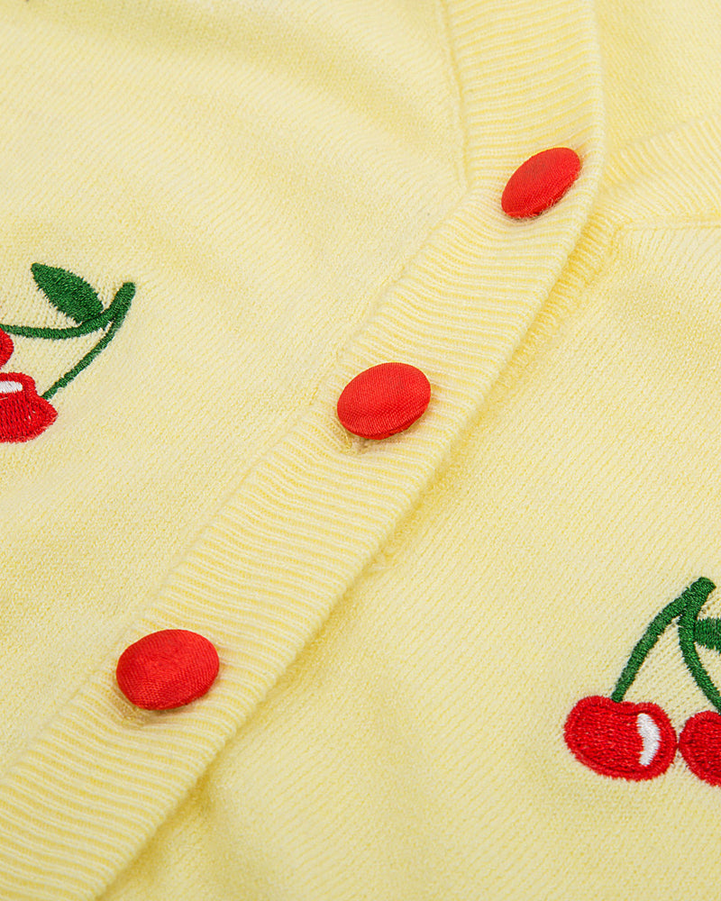 belle poque 3/4 Sleeve V-Neck Button Down Cherries Embroidery Cropped Cardigan Sweater Coat