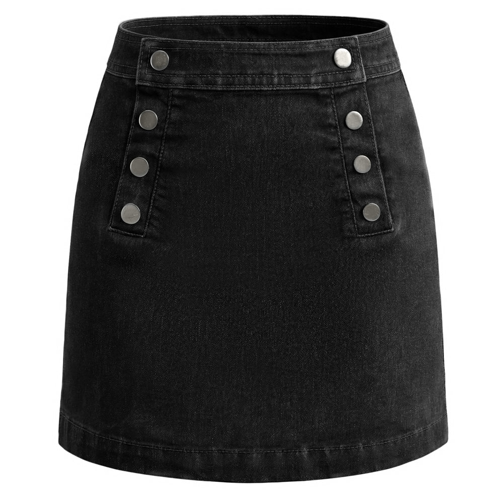 belle poque 2026 Denim Mini Skirt Button-Front Sailor Jean Skirts for Women with Pockets Black