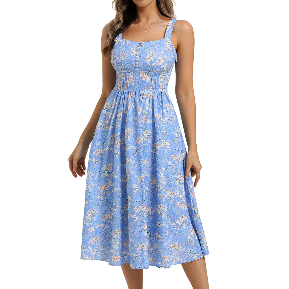 belle poque 2026 Vacation Floral Dress for Women Sundress Midi Flowy Beach Dresses Blue
