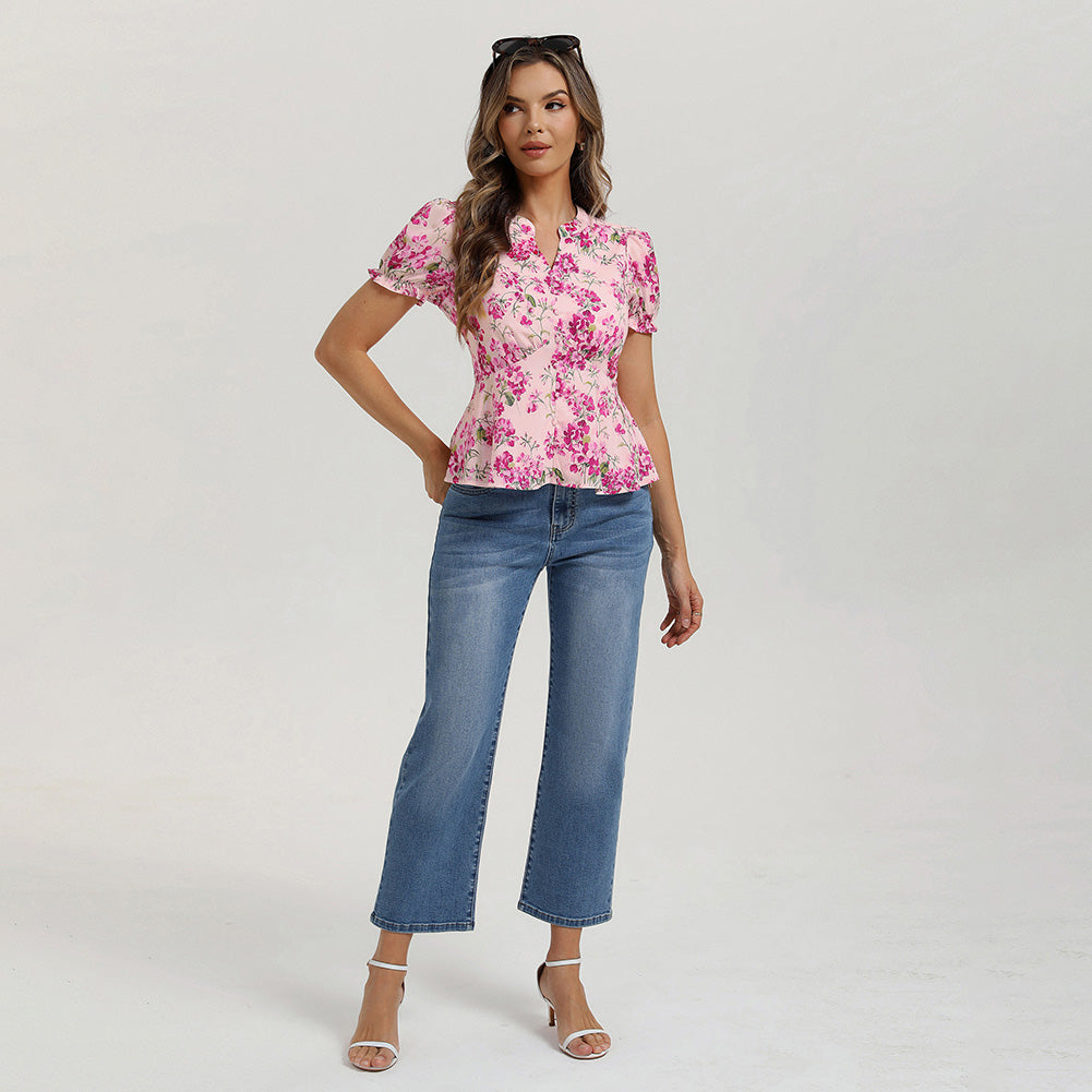 belle poque Floral Tops for Women Vacation Blouses Henley V Neck Shirts Peplum Tops