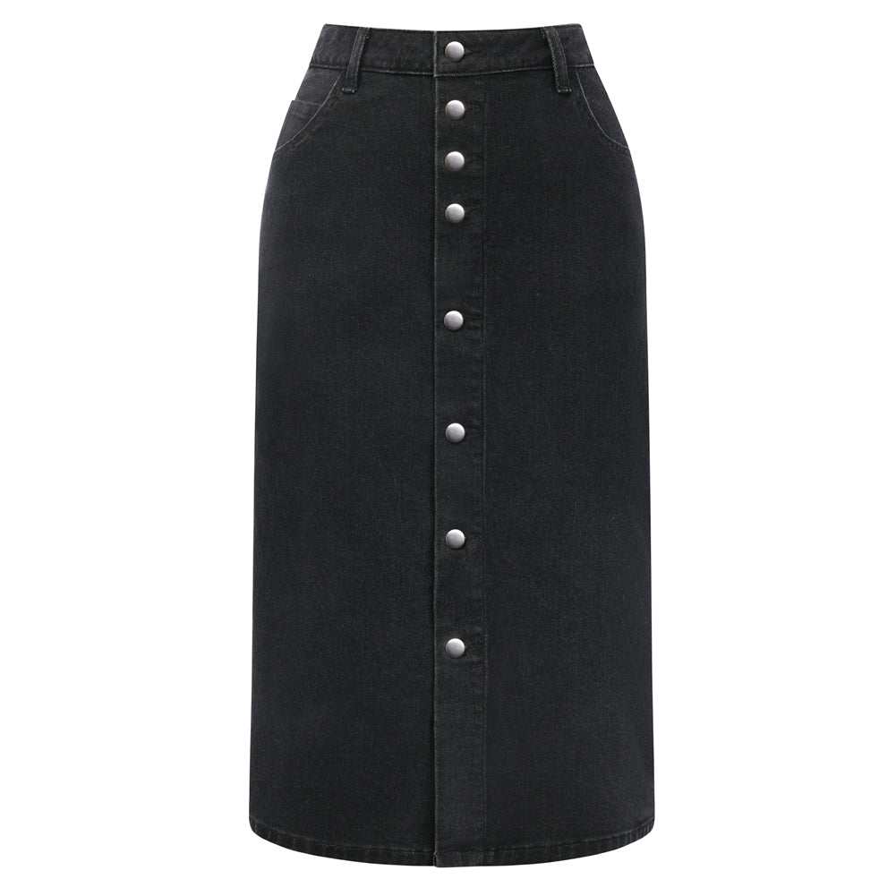 belle poque 1980s Vintage Jean Skirts for Women Front Slit Midi Work Skirt with Pockets Black