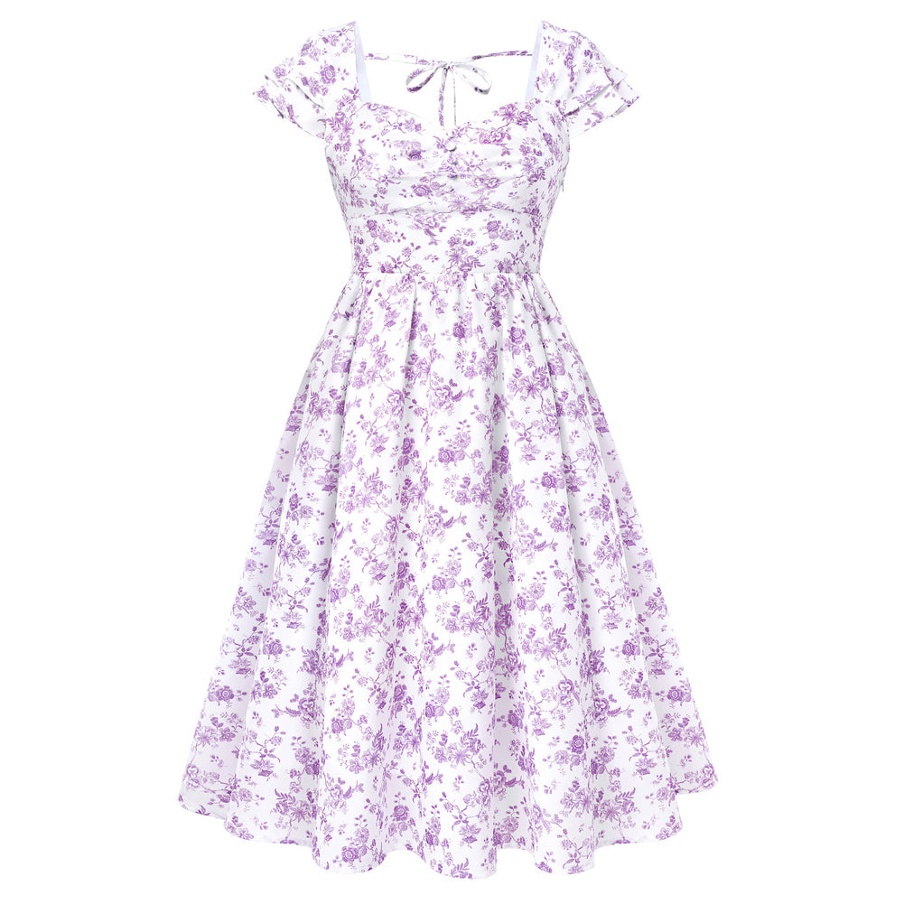 belle poque 1950s Women's Sweatheart Floral Dress Ruched Midi Garden Party Dress Purple