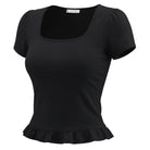 belle poque 2026 Spring Summer Ruffles Cute Tops for Women Short Sleeve Crop Tops Black
