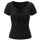 belle poque 2026 Women's Tops Pleated Bow Tie Front Shirts Spring Summer Casual Knit Top Black