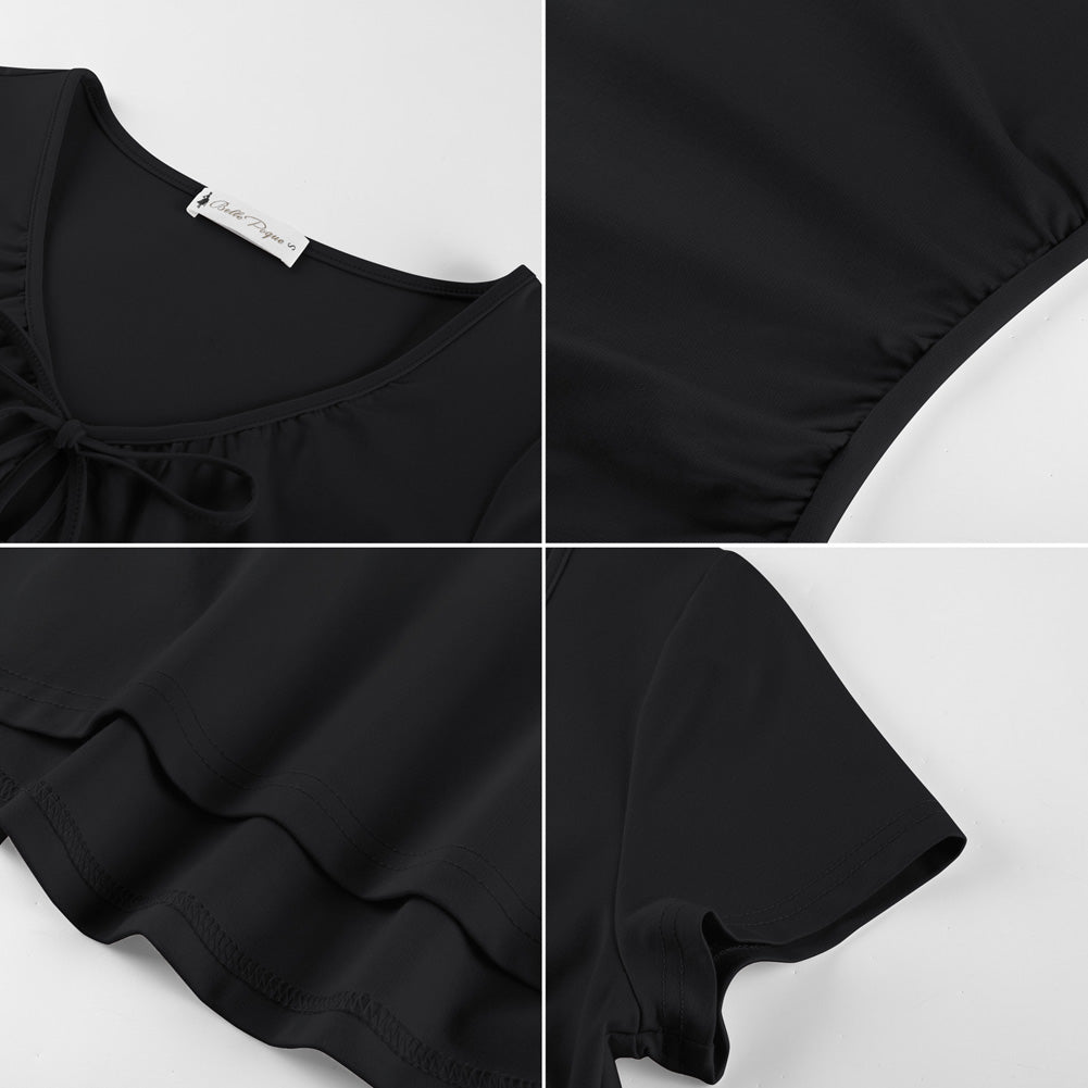 belle poque 2026 Women's Tops Pleated Bow Tie Front Shirts Spring Summer Casual Knit Top