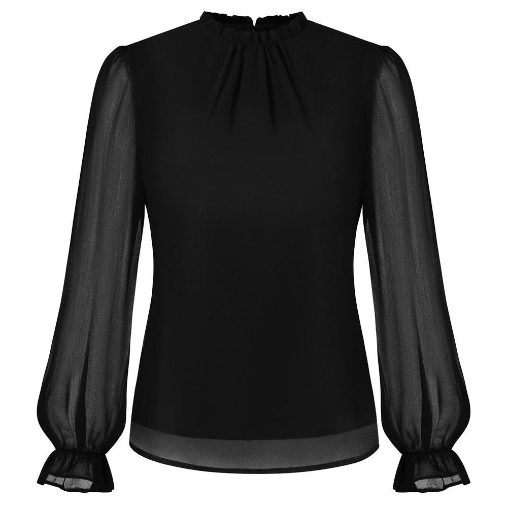 belle poque Belle Poque Women Vintage Chiffon Tops Long Sleeve Keyhole Back Pullover Tops Black