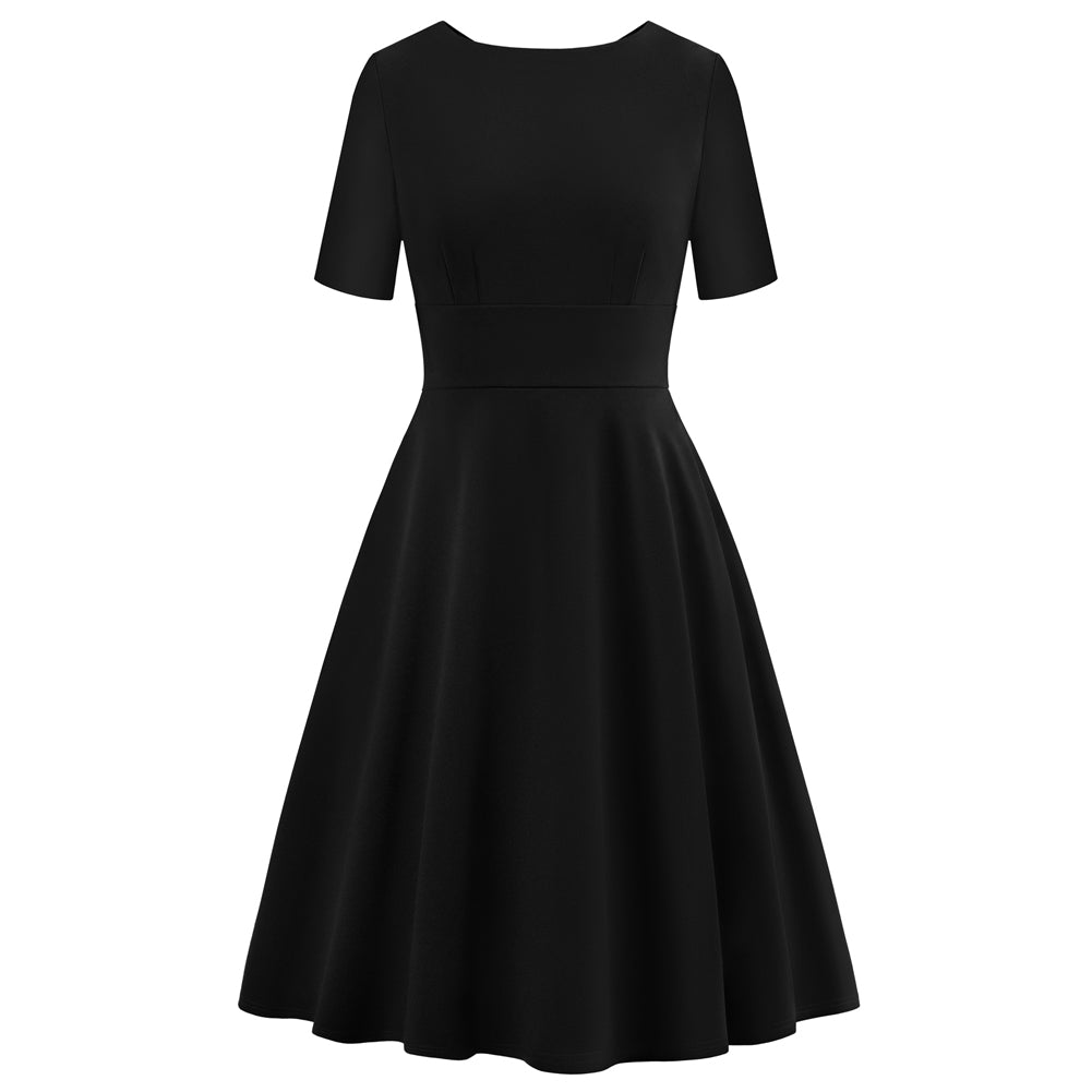 belle poque 1950s Vintage Work Dresses for Women V-Back Cocktail Dress with Pockets Black
