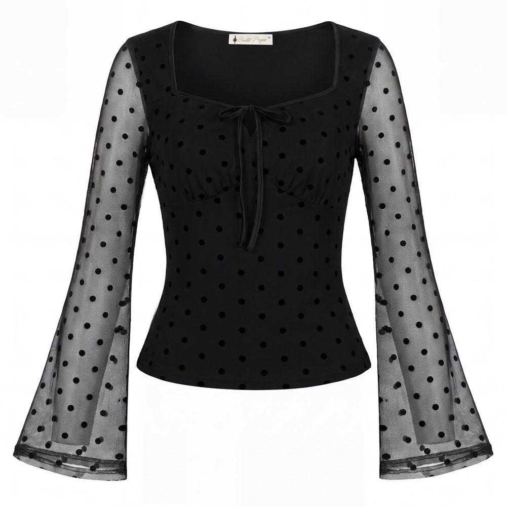 Women Vintage Date Tops Long Sleeve Mesh Lace Tops