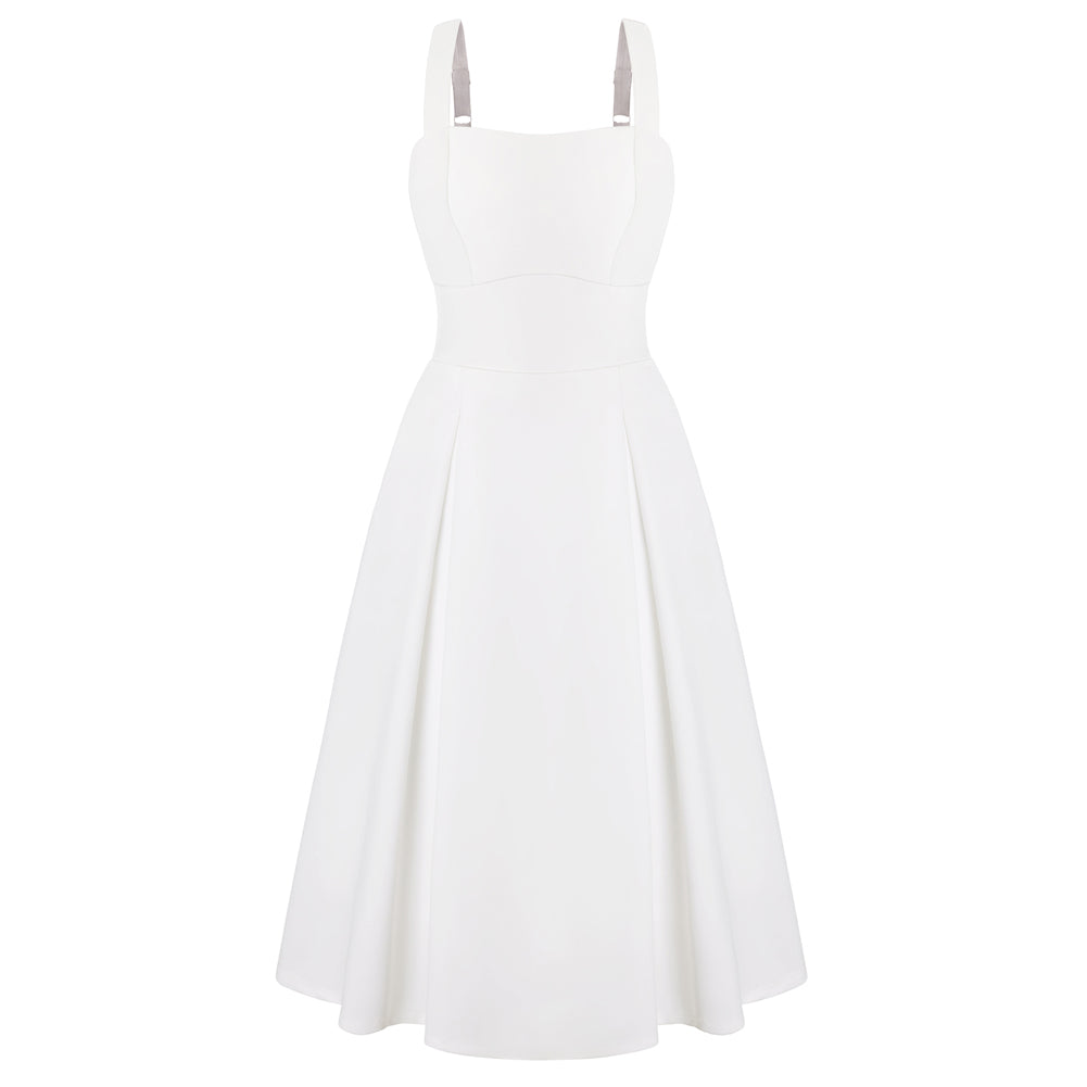 belle poque 1980s Vintage Womens Midi Dress Square Neck Wedding Guest Dresses White