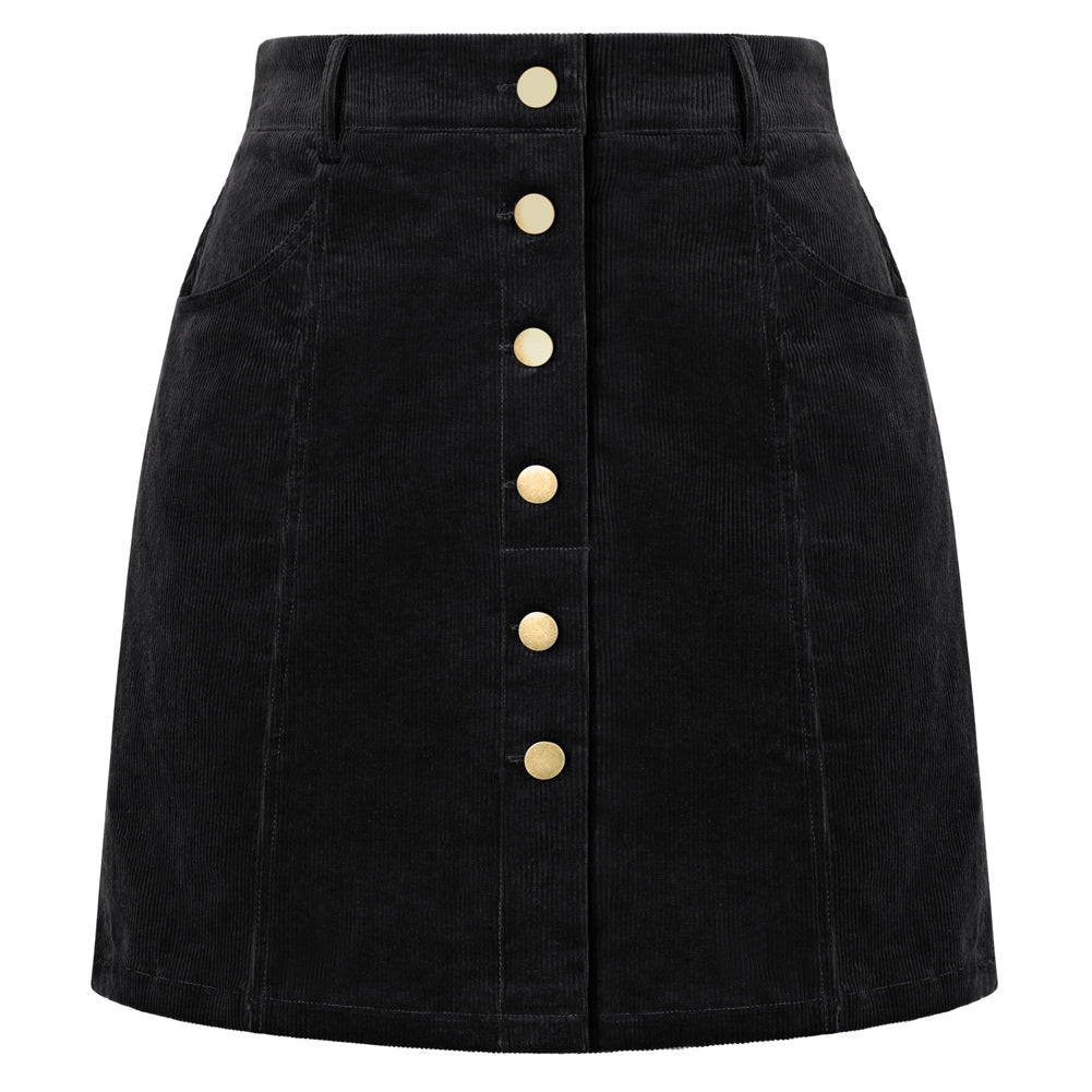 belle poque Womens Corduroy Short Mini Skirt Button A-Line Casual Fall Skirts with Pockets Black