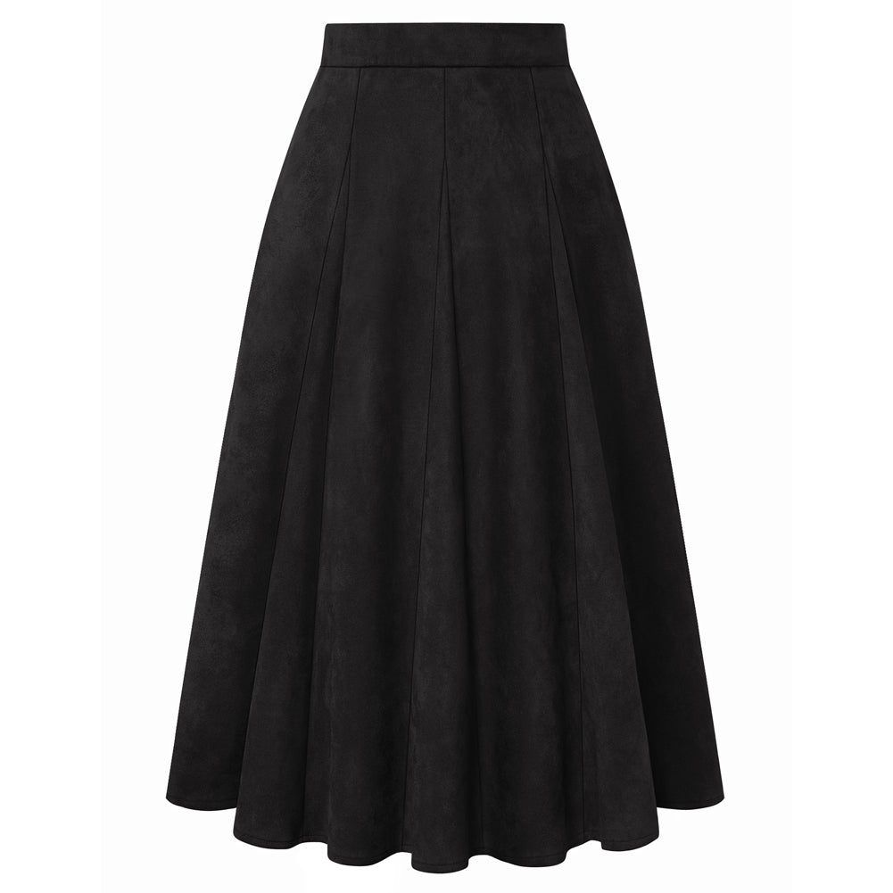 belle poque Women Vintage Skirt Elastic Waist Mid-Calf Length A-Line Skirt Black