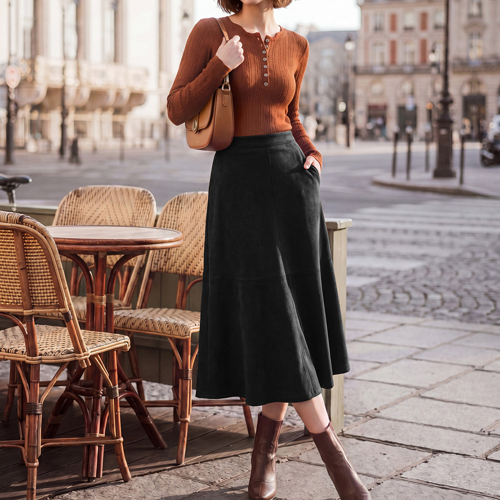 belle poque 1980s Vintage Women's Suede Skirts High Waist A Line Business Work Midi Skirt