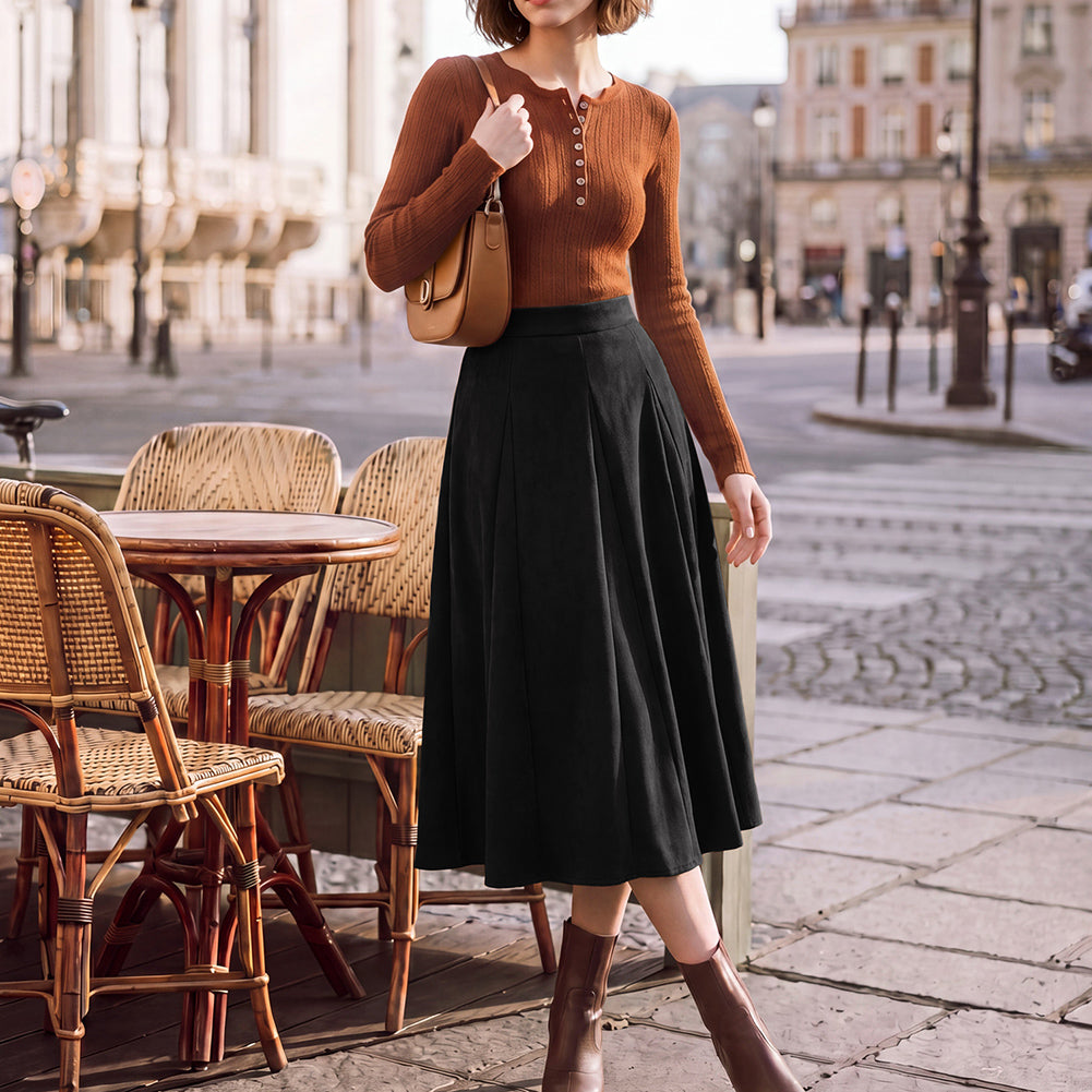 belle poque Women Vintage Skirt Elastic Waist Mid-Calf Length A-Line Skirt