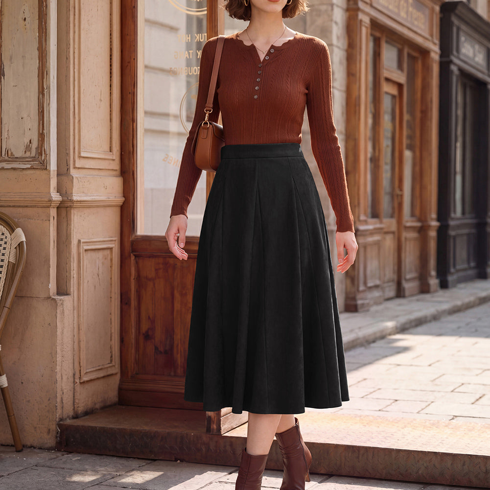 belle poque Women Vintage Skirt Elastic Waist Mid-Calf Length A-Line Skirt