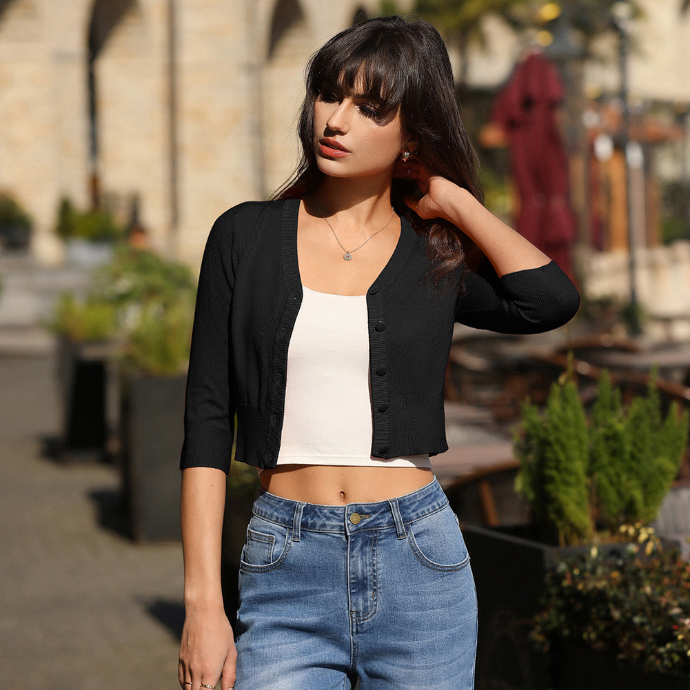 belle poque Cropped Cardigan 3/4 Sleeve V-Neck Button-up Sweater Knitwear