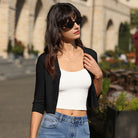 belle poque Cropped Cardigan 3/4 Sleeve V-Neck Button-up Sweater Knitwear