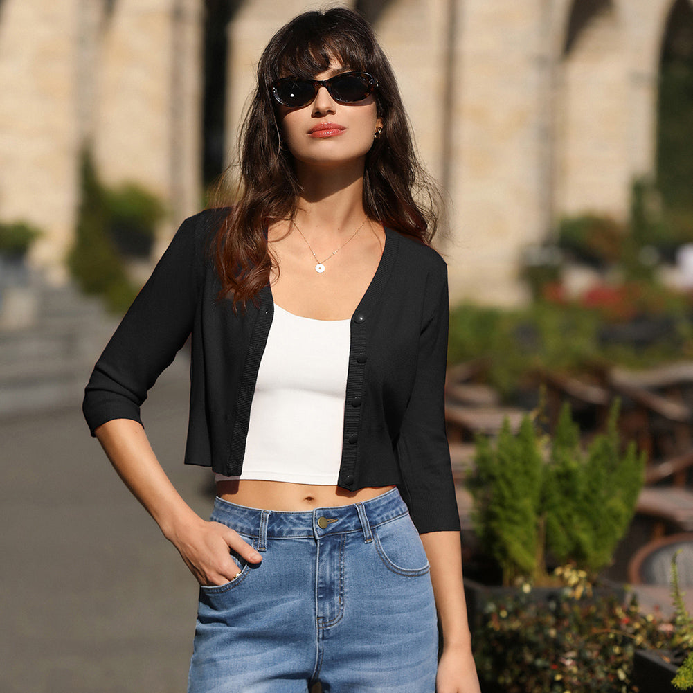 belle poque Cropped Cardigan 3/4 Sleeve V-Neck Button-up Sweater Knitwear