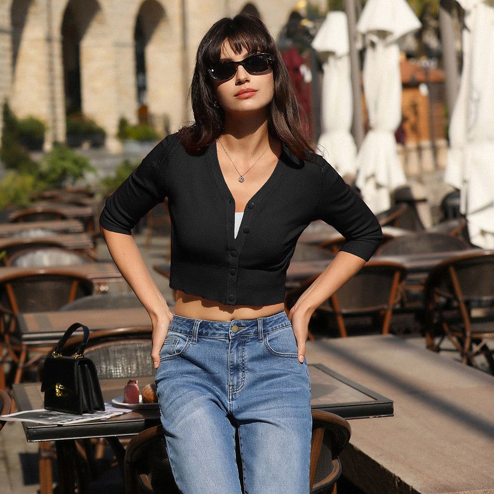 belle poque Cropped Cardigan 3/4 Sleeve V-Neck Button-up Sweater Knitwear