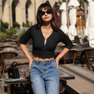 belle poque Cropped Cardigan 3/4 Sleeve V-Neck Button-up Sweater Knitwear