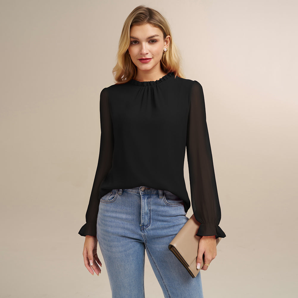 belle poque Belle Poque Women Vintage Chiffon Tops Long Sleeve Keyhole Back Pullover Tops