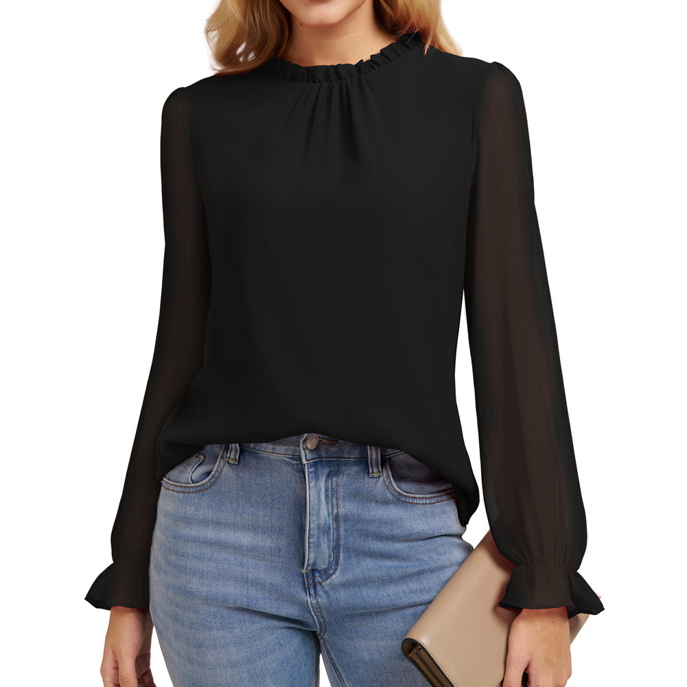belle poque Belle Poque Women Vintage Chiffon Tops Long Sleeve Keyhole Back Pullover Tops