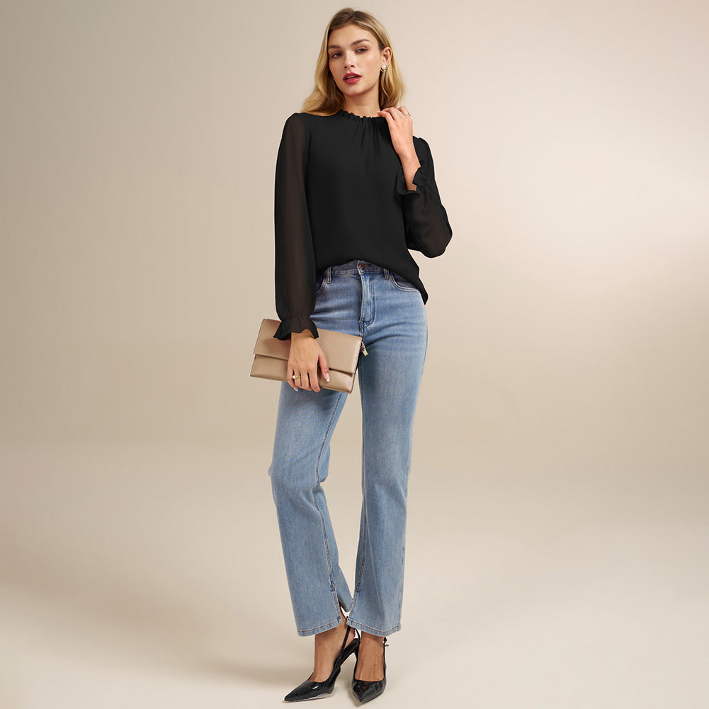 belle poque Belle Poque Women Vintage Chiffon Tops Long Sleeve Keyhole Back Pullover Tops