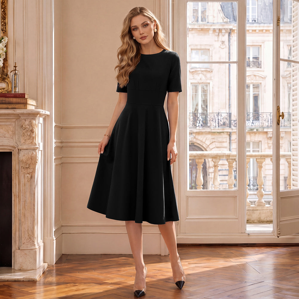 belle poque 1950s Vintage Work Dresses for Women V-Back Cocktail Dress with Pockets