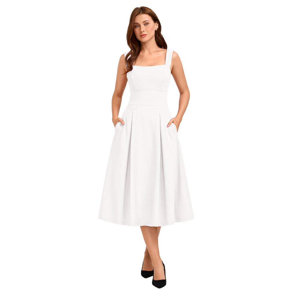 belle poque 1980s Vintage Womens Midi Dress Square Neck Wedding Guest Dresses