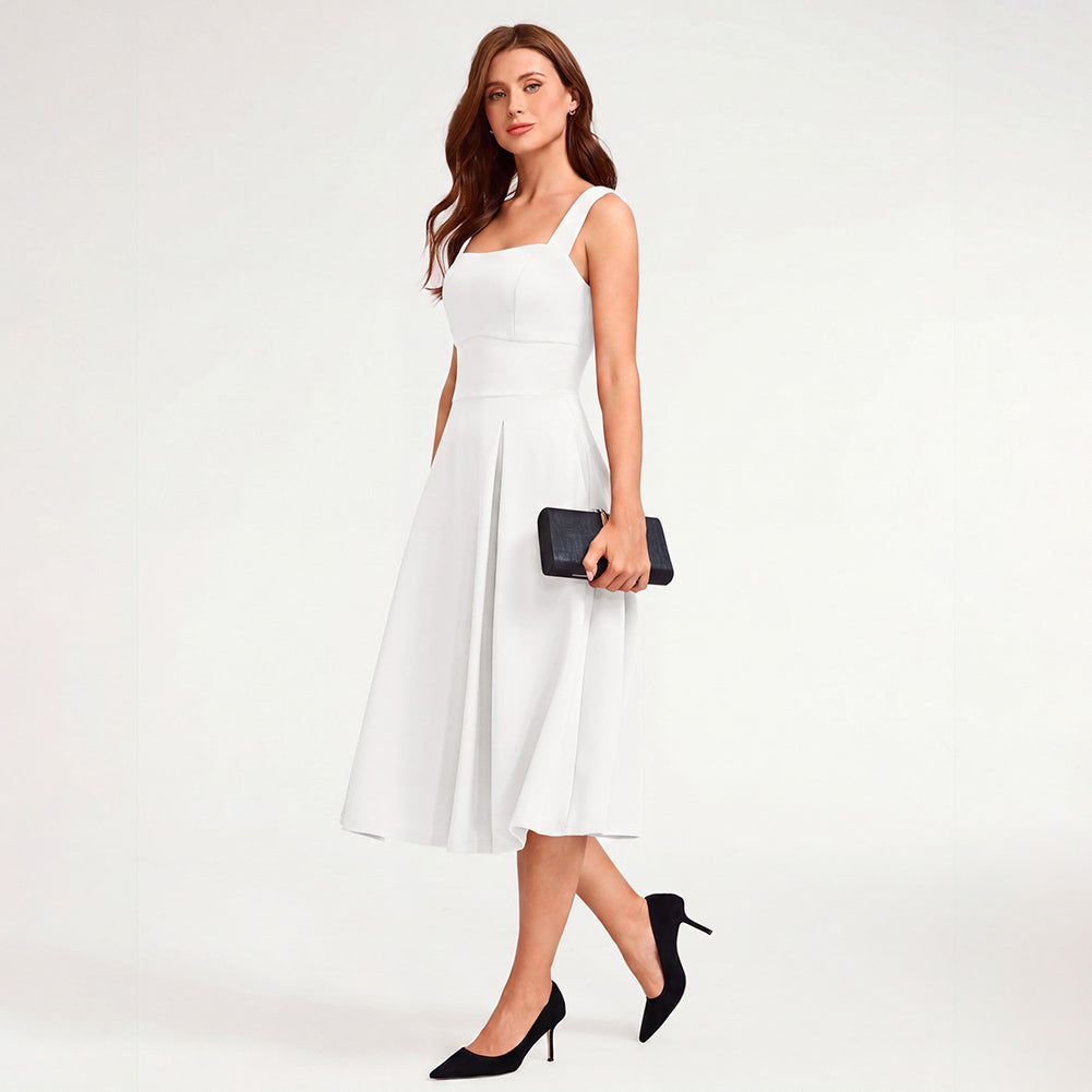 belle poque 1980s Vintage Womens Midi Dress Square Neck Wedding Guest Dresses