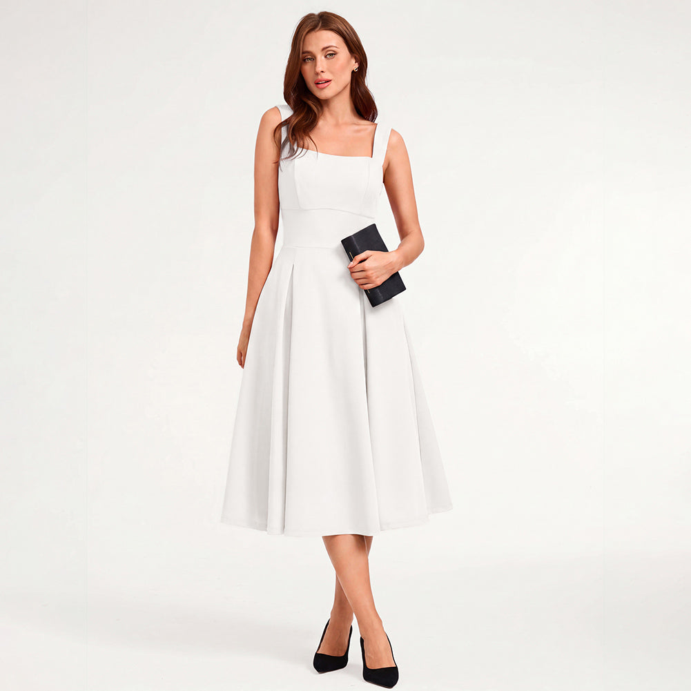 belle poque 1980s Vintage Womens Midi Dress Square Neck Wedding Guest Dresses