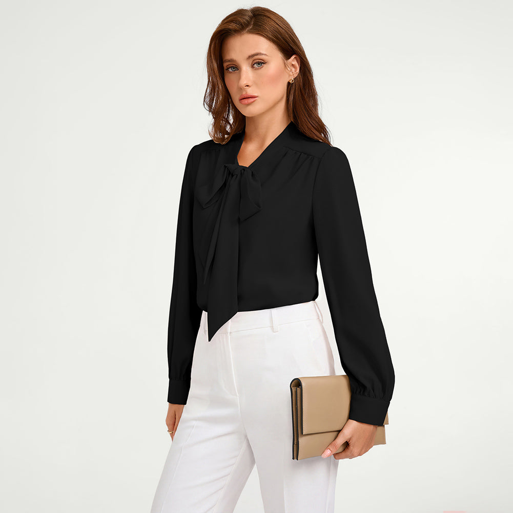 belle poque Women Vintage Long Sleeve Bow-Knot Decorated Button-up Tops