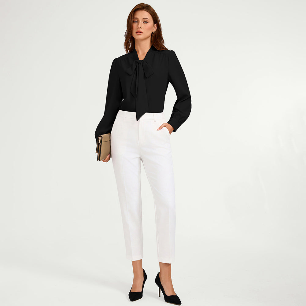 belle poque Women Vintage Long Sleeve Bow-Knot Decorated Button-up Tops