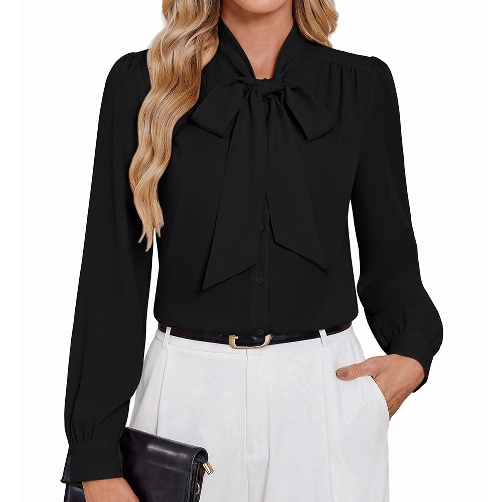 belle poque Women Vintage Long Sleeve Bow-Knot Decorated Button-up Tops Black