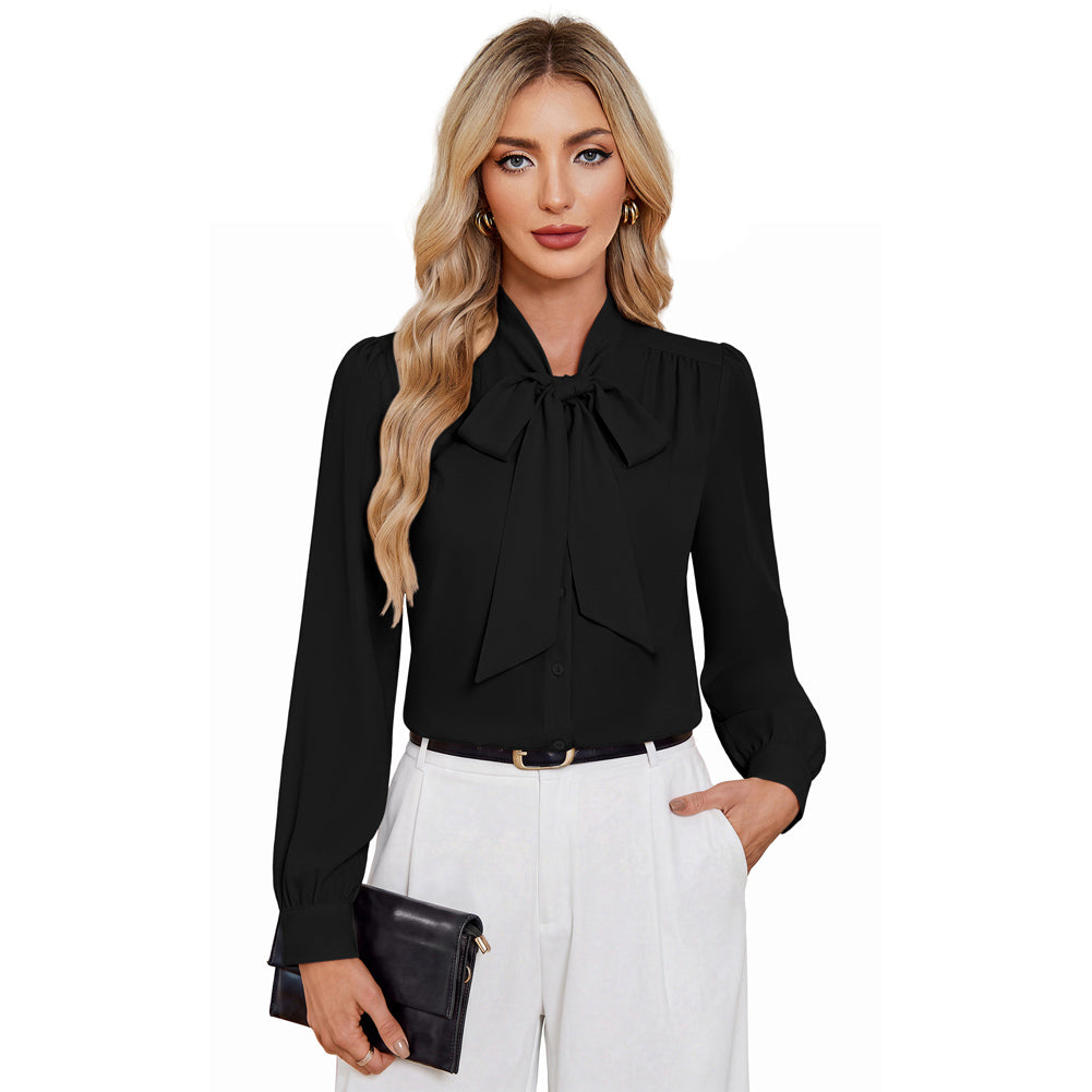 belle poque Women Vintage Long Sleeve Bow-Knot Decorated Button-up Tops