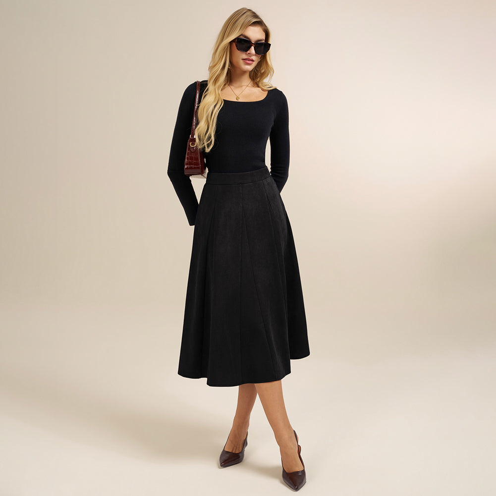 belle poque Women Vintage Skirt Elastic Waist Mid-Calf Length A-Line Skirt