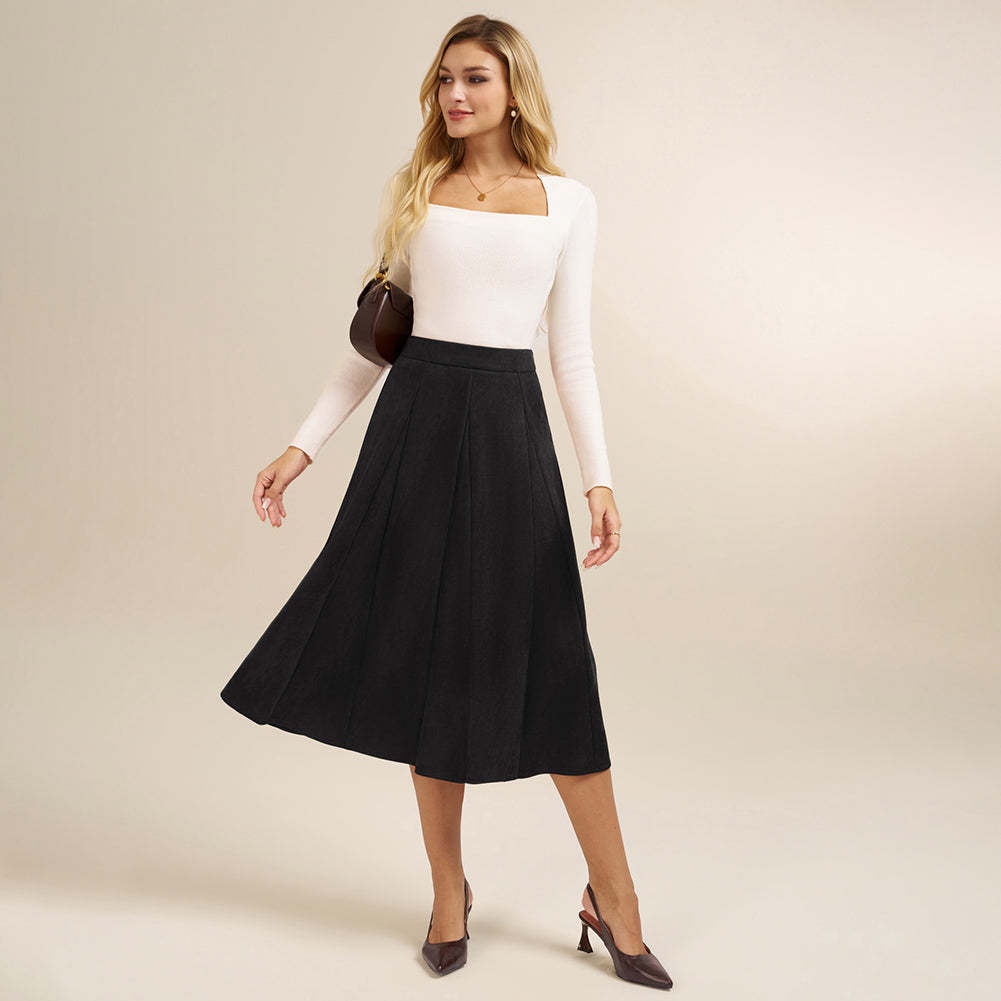 belle poque Women Vintage Skirt Elastic Waist Mid-Calf Length A-Line Skirt