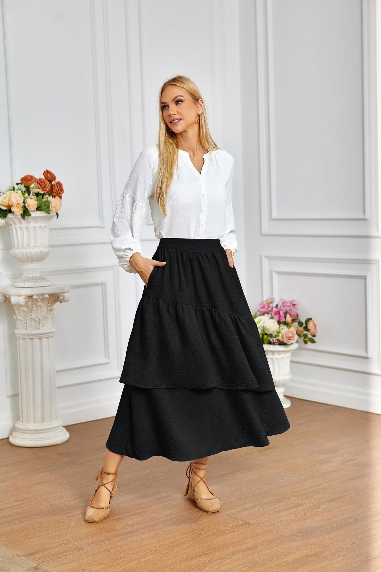 belle poque BP Women Vintage 2-Layer Swing Skirt Elastic High Waist Maxi Skirt