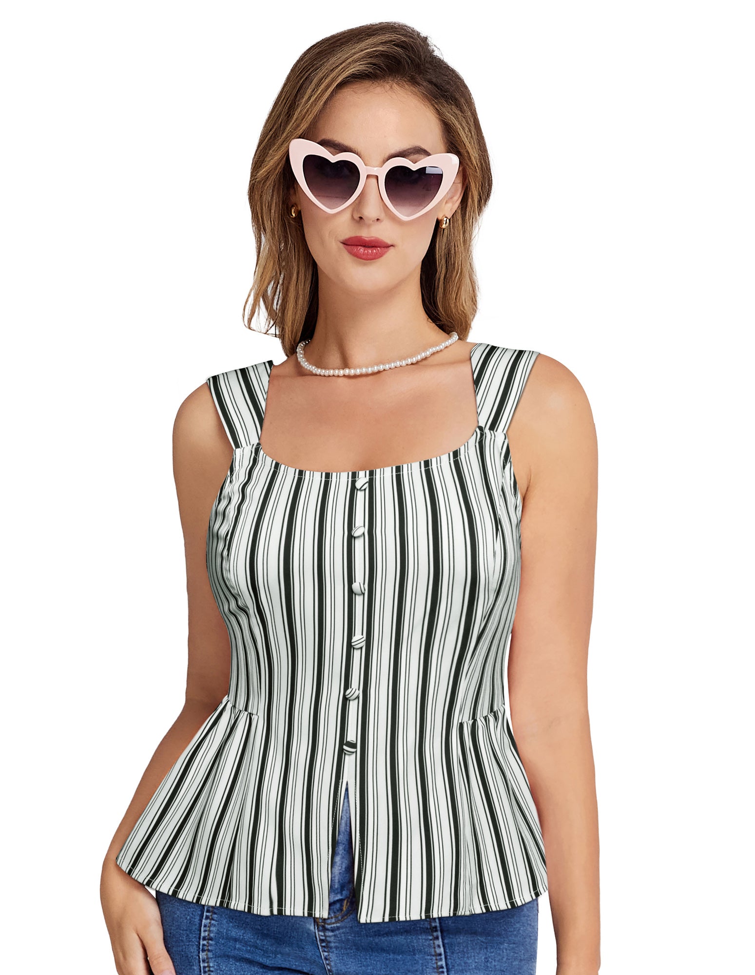 belle poque BP Women Vintage Striped Peplum Hem Tops Sleeveless Square Neck A-Line Tops