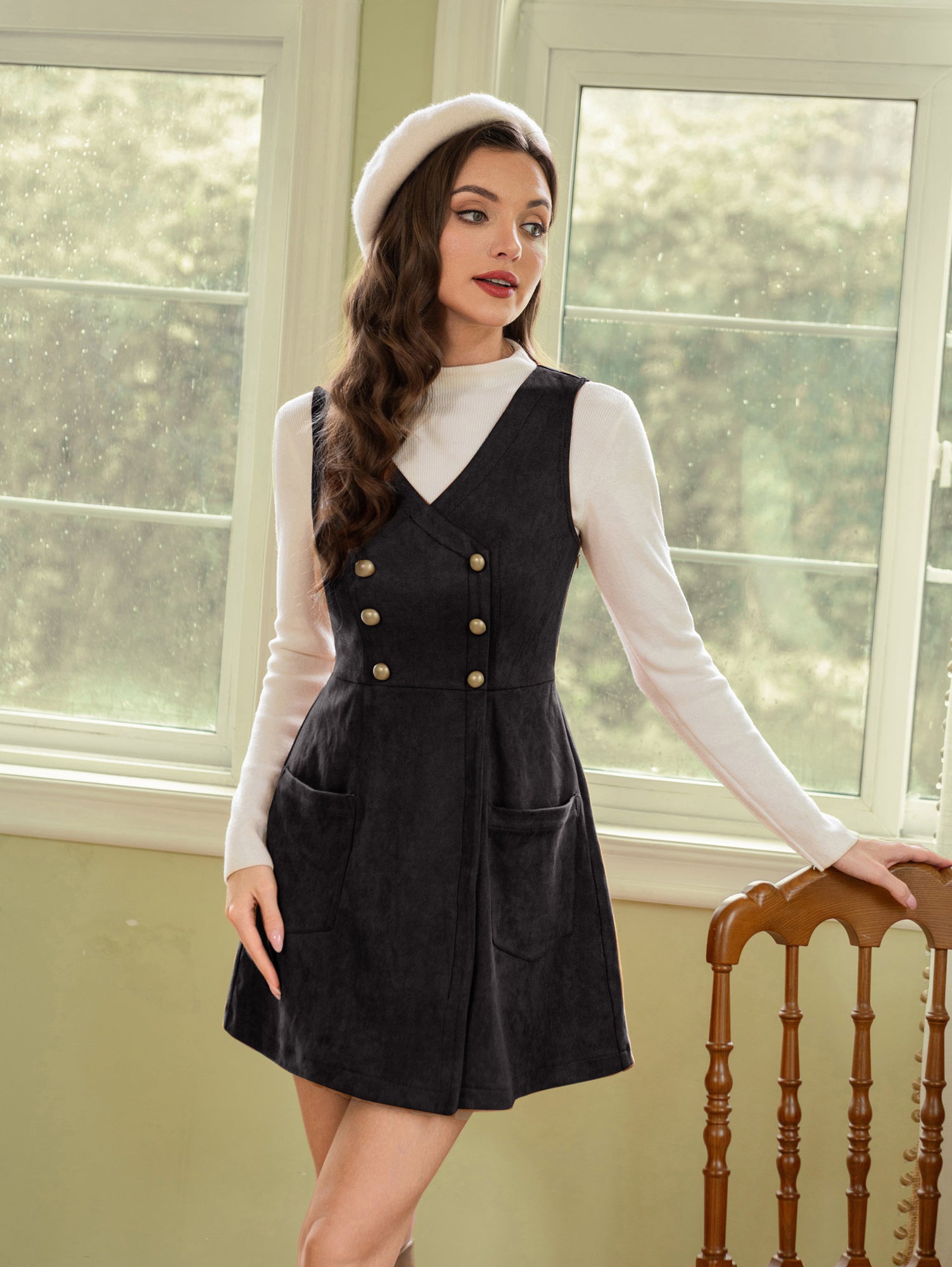 belle poque Vintage Faux Suede Dress Sleeveless V-Neck Elastic Waist A-Line Dress